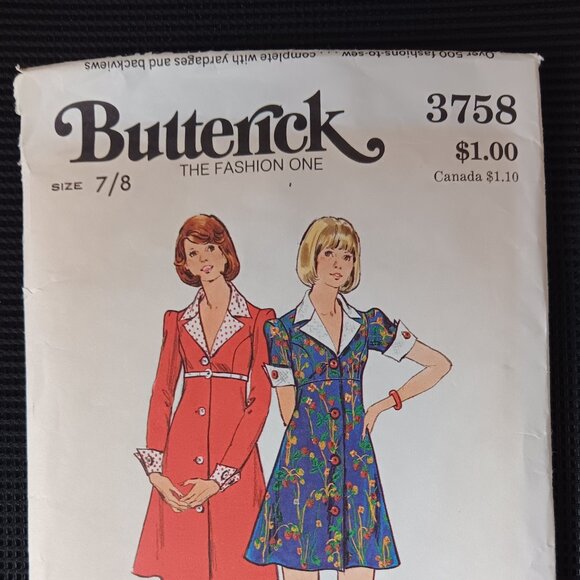 Rare Vintage 70s Butterick 3758 Flared Dress Sewing Pattern: Junior Size 7/8 - Picture 1 of 4